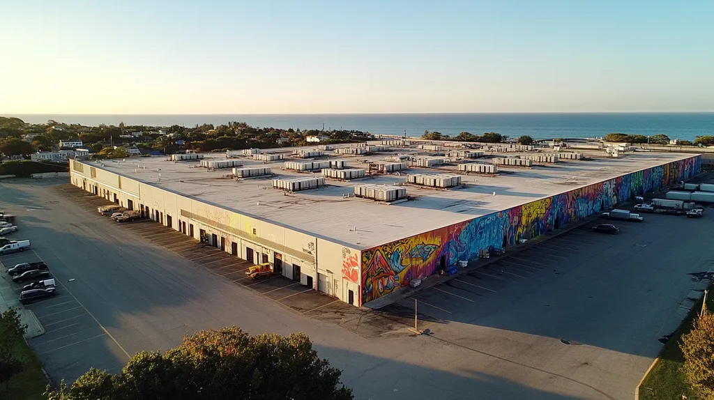 A commercial roof on a distribution center in a location similar to Newport, Rhode Island with a graffiti mural aesthetic (AI image)