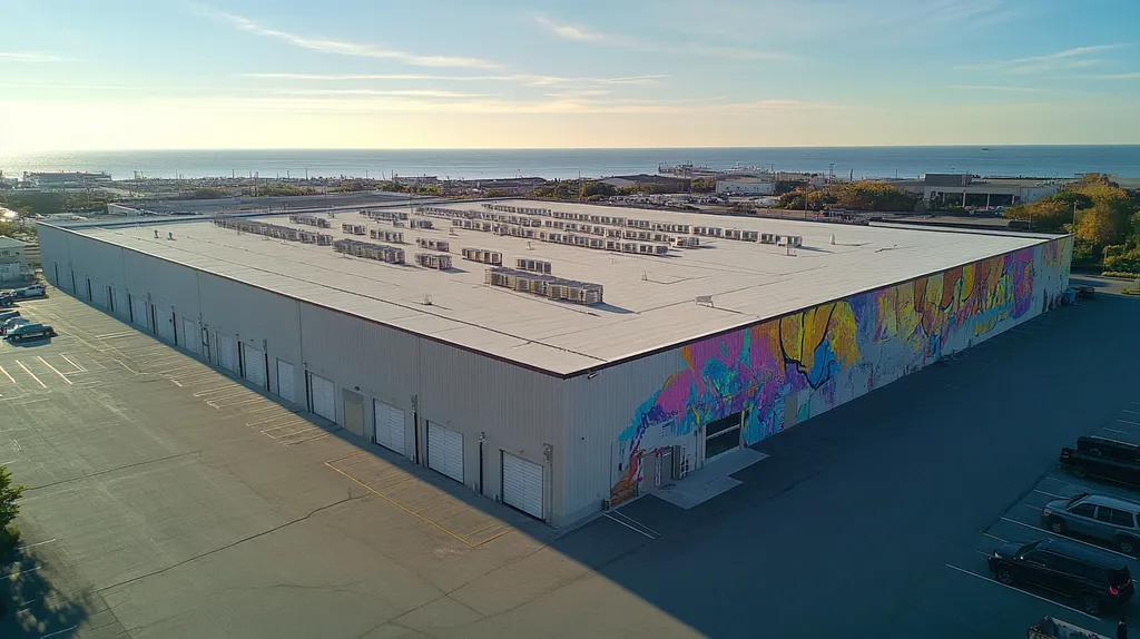 A commercial roof on a distribution center in a location similar to Newport, Rhode Island with a graffiti mural aesthetic (AI image)