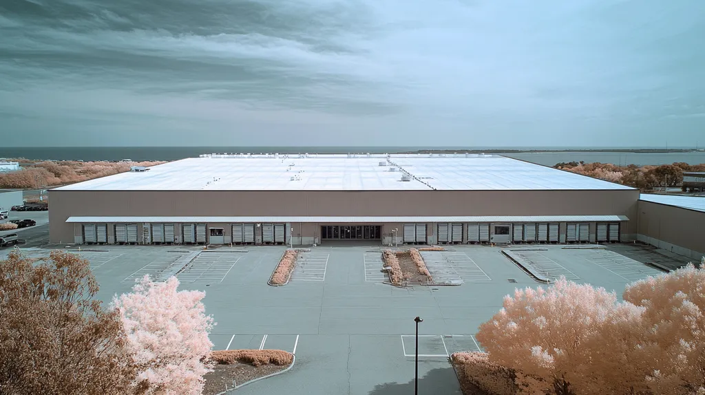 A commercial roof on a distribution center in a location similar to Newport, Rhode Island with an infrared photography aesthetic (AI image)