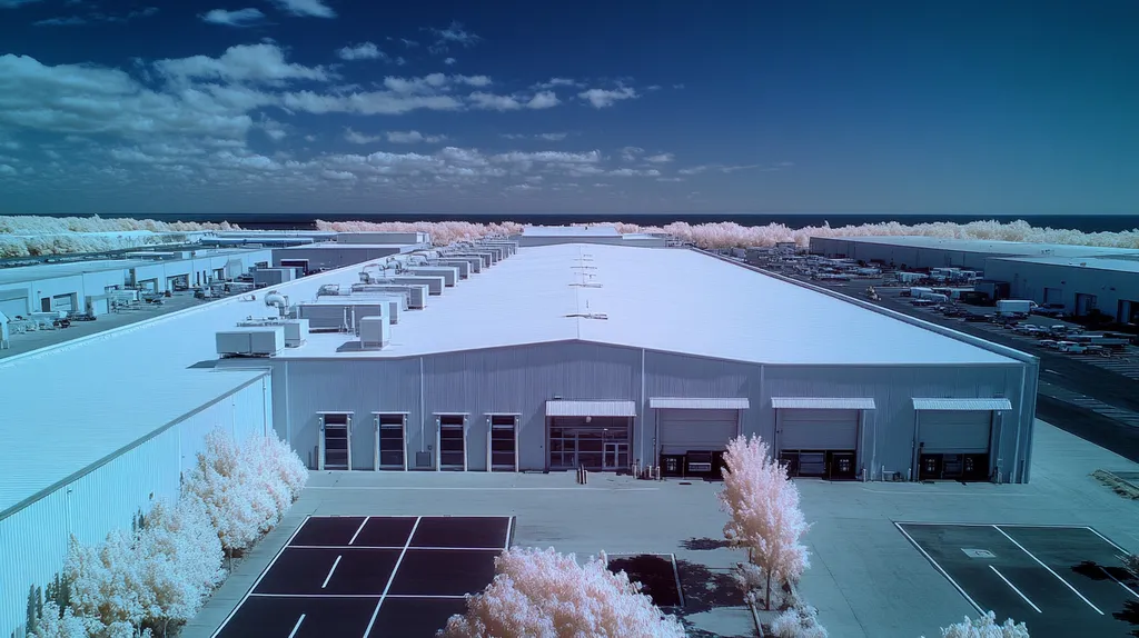 A commercial roof on a distribution center in a location similar to Newport, Rhode Island with an infrared photography aesthetic (AI image)