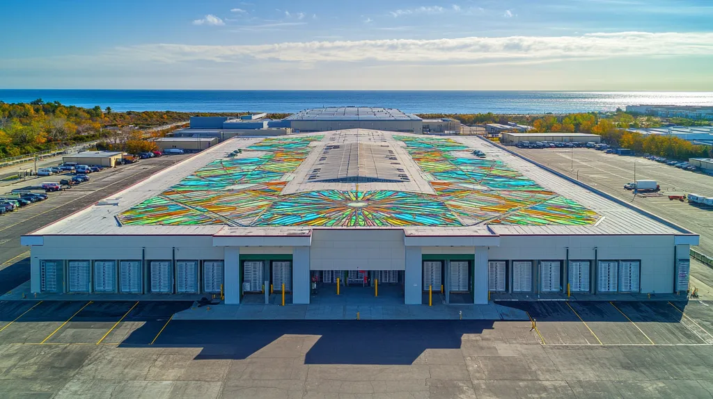 A commercial roof on a distribution center in a location similar to Newport, Rhode Island with a stained glass style aesthetic (AI image)