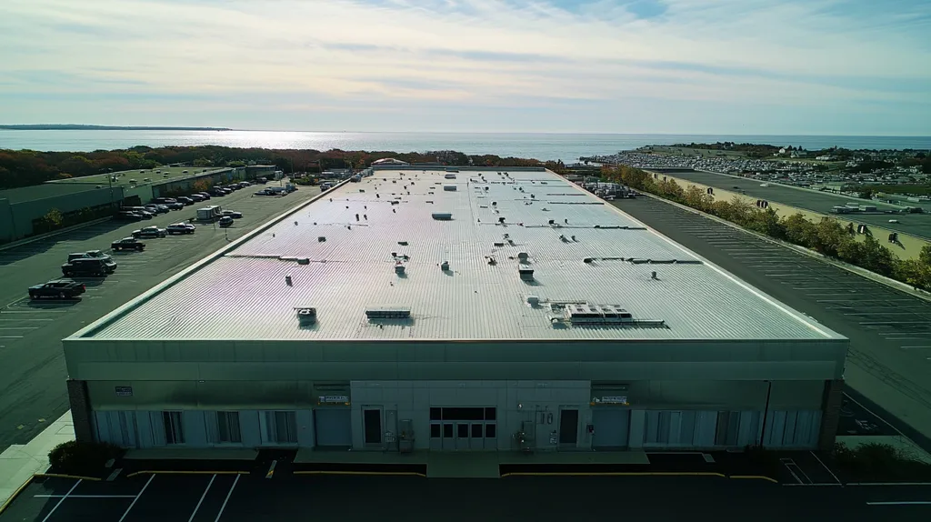 A commercial roof on a distribution center in a location similar to Newport, Rhode Island with a stainless steel aesthetic (AI image)