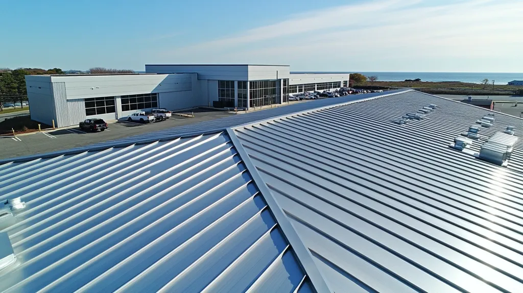 A commercial roof on a distribution center in a location similar to Newport, Rhode Island with a stainless steel aesthetic (AI image)