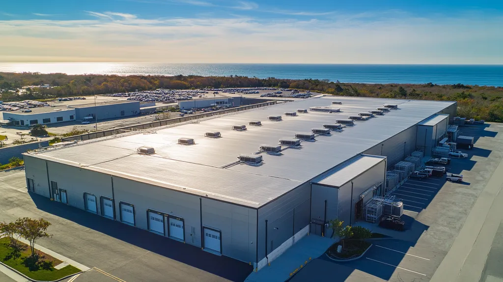 A commercial roof on a distribution center in a location similar to Newport, Rhode Island with a stainless steel aesthetic (AI image)