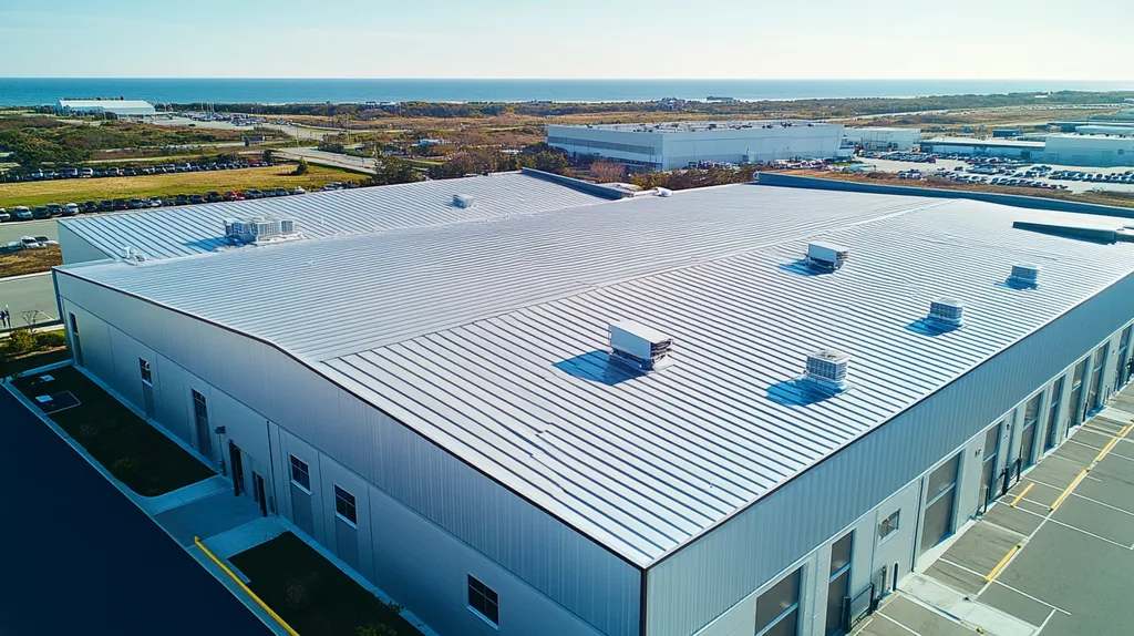 A commercial roof on a distribution center in a location similar to Newport, Rhode Island with a stainless steel aesthetic (AI image)