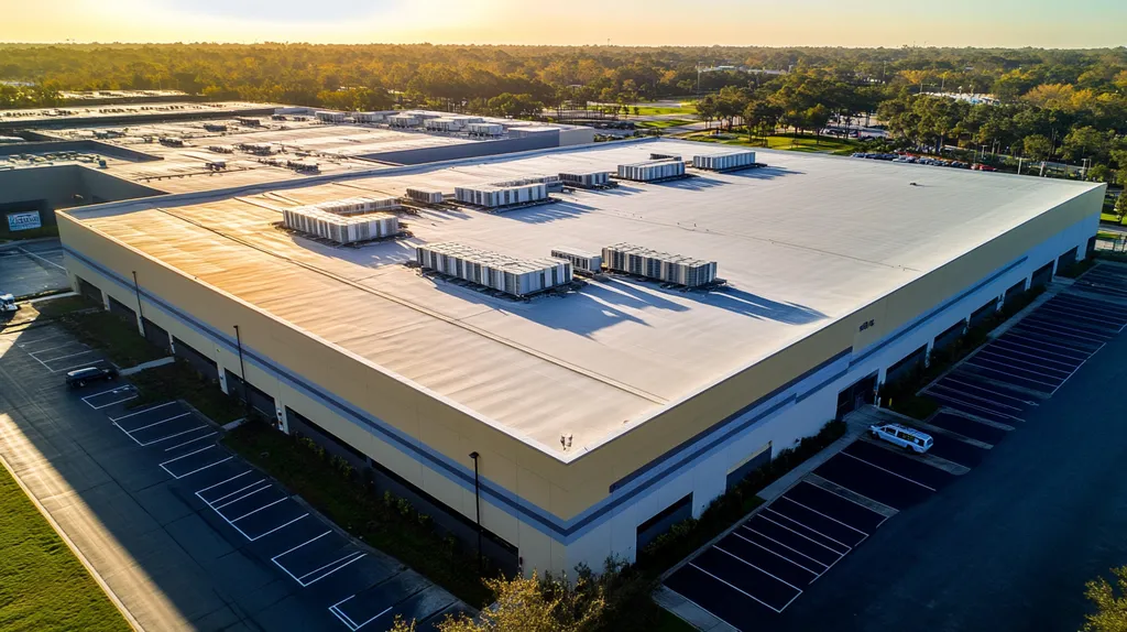 A commercial roof on a distribution center in a location similar to Orlando with an ethereal glow aesthetic (AI image)