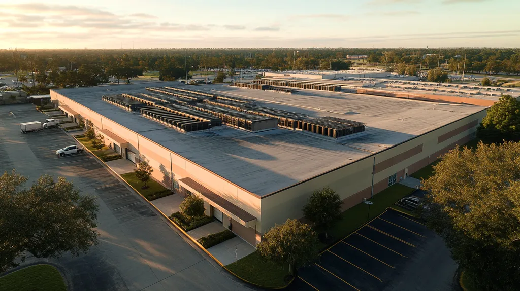 A commercial roof on a distribution center in a location similar to Orlando with an ethereal glow aesthetic (AI image)