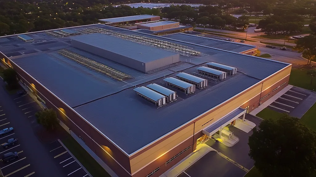 A commercial roof on a distribution center in a location similar to Orlando with an ethereal glow aesthetic (AI image)