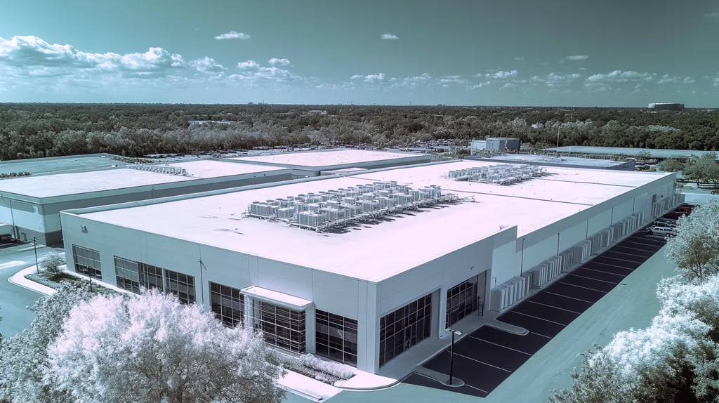 A commercial roof on a distribution center in a location similar to Orlando with an infrared photography aesthetic (AI image)