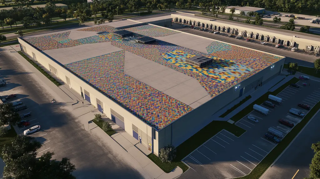 A commercial roof on a distribution center in a location similar to Orlando with a mosaic tile art aesthetic (AI image)