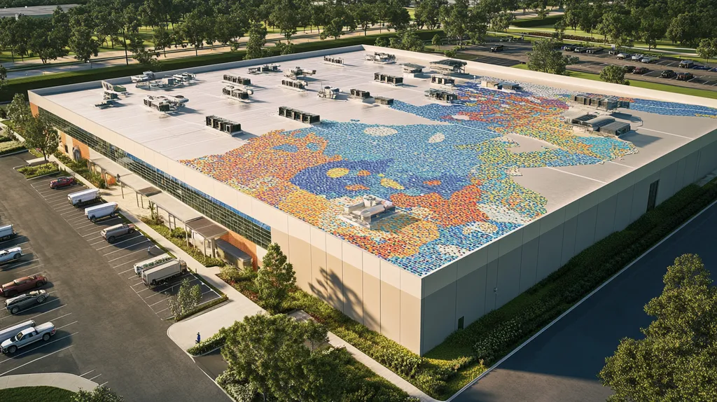 A commercial roof on a distribution center in a location similar to Orlando with a mosaic tile art aesthetic (AI image)