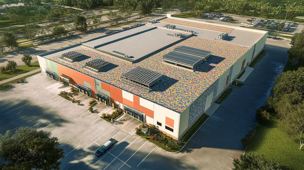 commercial-roof-distribution-center-Orlando-mosaic-tile-art-ccac19aa-056d-47e3-9a52-4e402221ea18-We-Coat_result.webp A commercial roof on a distribution center in a location similar to Orlando with a mosaic tile art aesthetic (AI image)