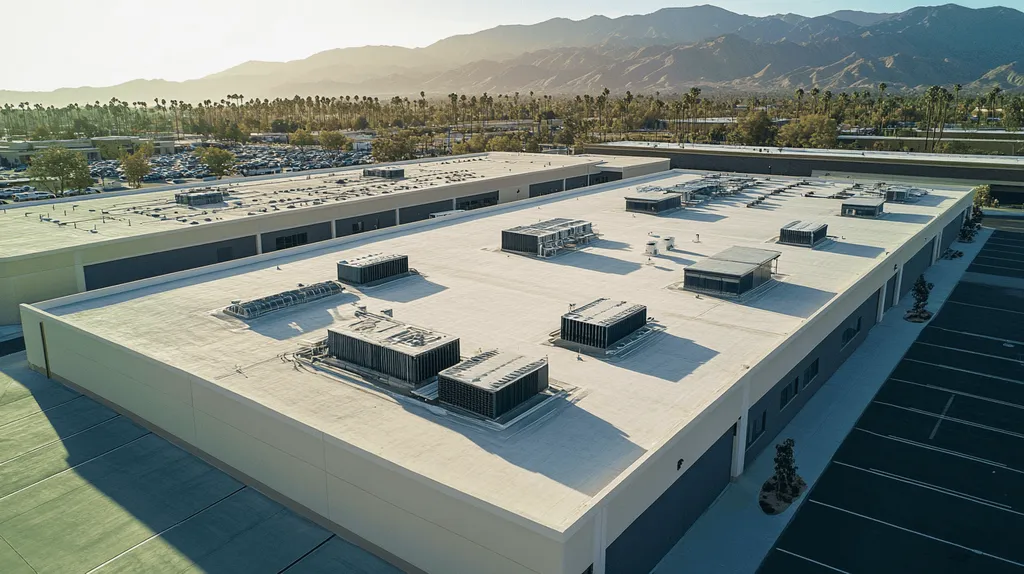 A commercial roof on a distribution center in a location similar to Palm Springs with an architectural photography aesthetic (AI image)