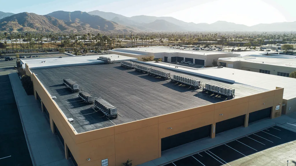 A commercial roof on a distribution center in a location similar to Palm Springs with an architectural photography aesthetic (AI image)
