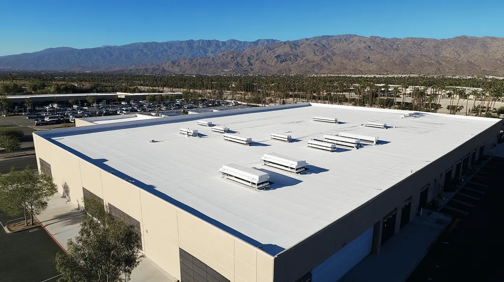 A commercial roof on a distribution center in a location similar to Palm Springs with an architectural photography aesthetic (AI image)