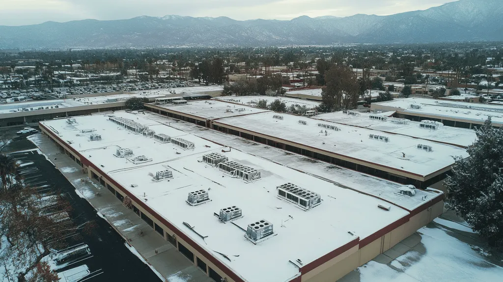 A commercial roof on a distribution center in a location similar to Palm Springs with a snowy day aesthetic (AI image)