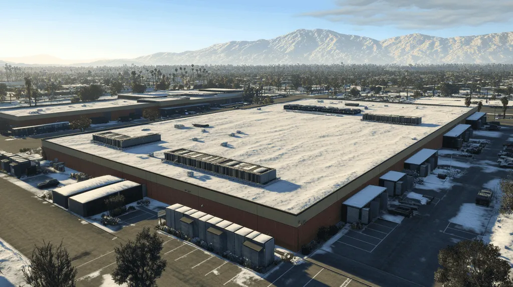 A commercial roof on a distribution center in a location similar to Palm Springs with a snowy day aesthetic (AI image)