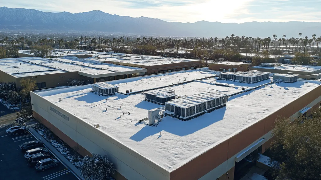 A commercial roof on a distribution center in a location similar to Palm Springs with a snowy day aesthetic (AI image)