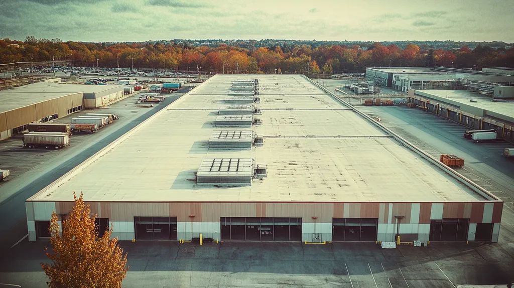 A commercial roof on a distribution center in a location similar to Portland, Maine with a Polaroid aesthetic (AI image)