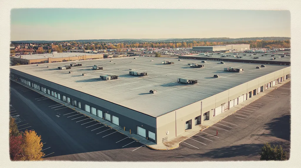 A commercial roof on a distribution center in a location similar to Portland, Maine with a Polaroid aesthetic (AI image)