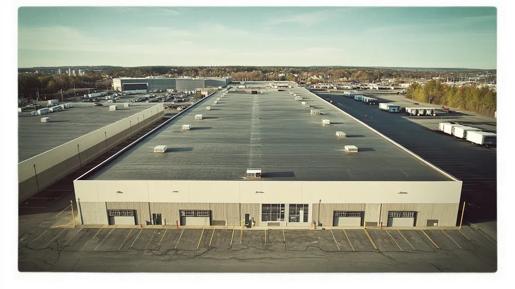 A commercial roof on a distribution center in a location similar to Portland, Maine with a Polaroid aesthetic (AI image)