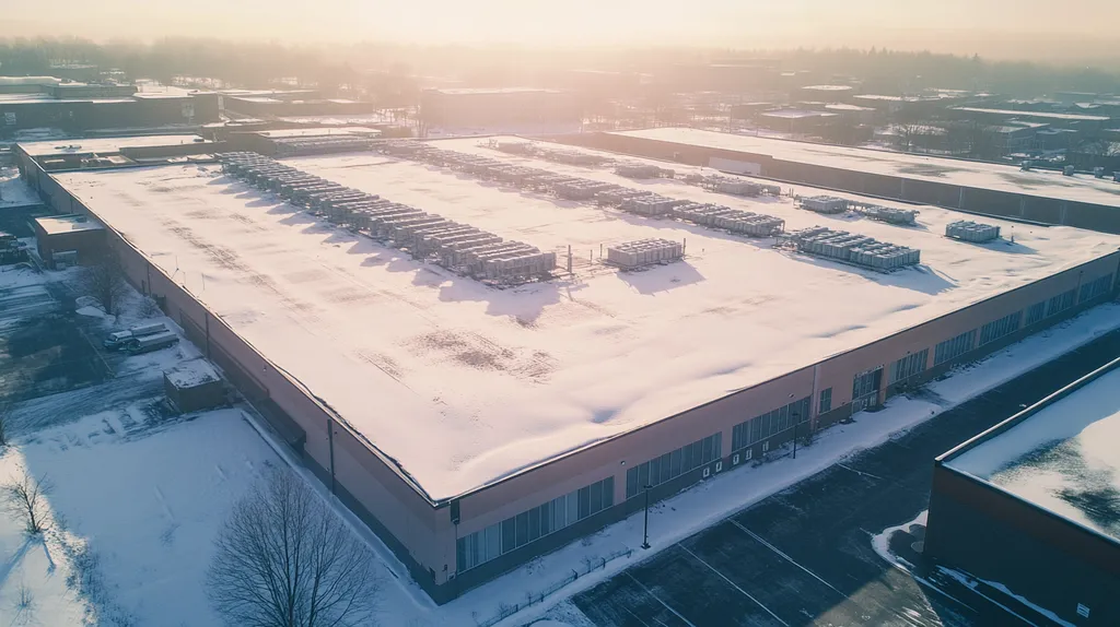 A commercial roof on a distribution center in a location similar to Portland, Maine with a snowy day aesthetic (AI image)