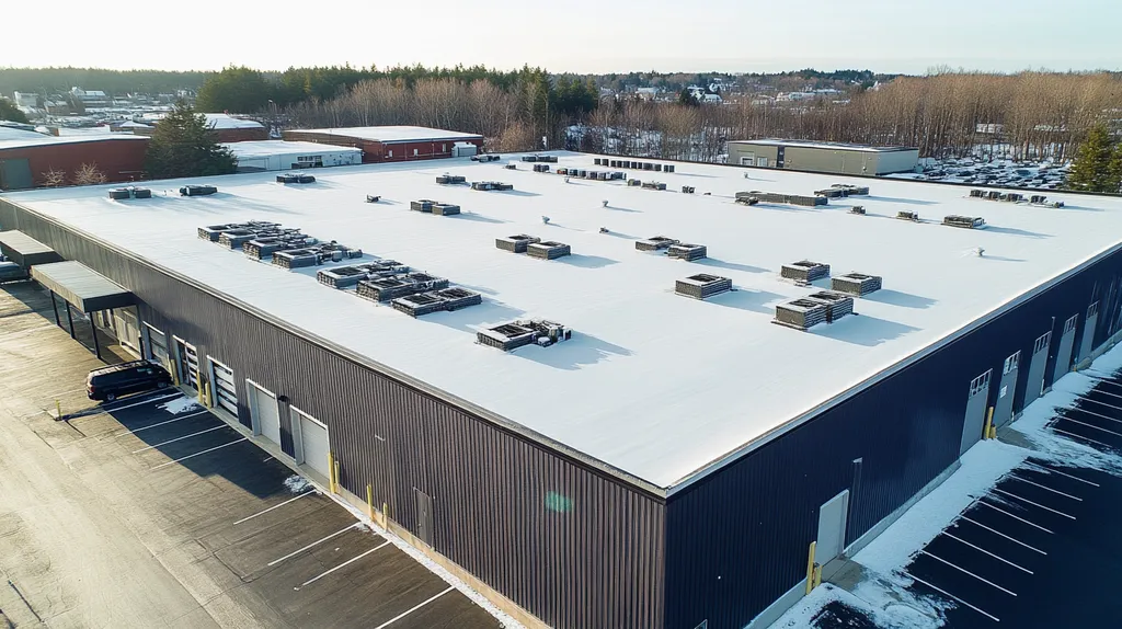 A commercial roof on a distribution center in a location similar to Portland, Maine with a snowy day aesthetic (AI image)