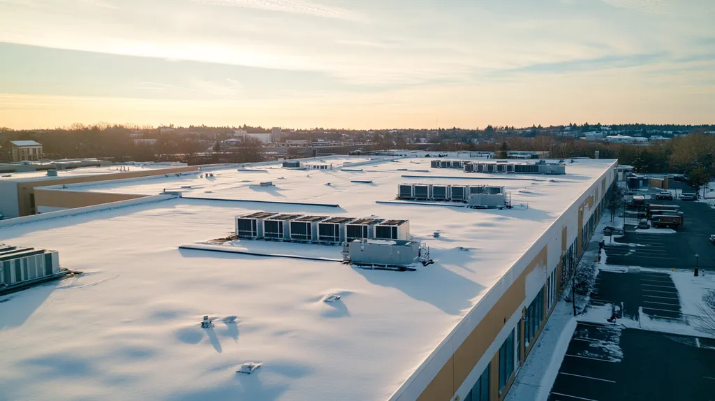 A commercial roof on a distribution center in a location similar to Portland, Maine with a snowy day aesthetic (AI image)