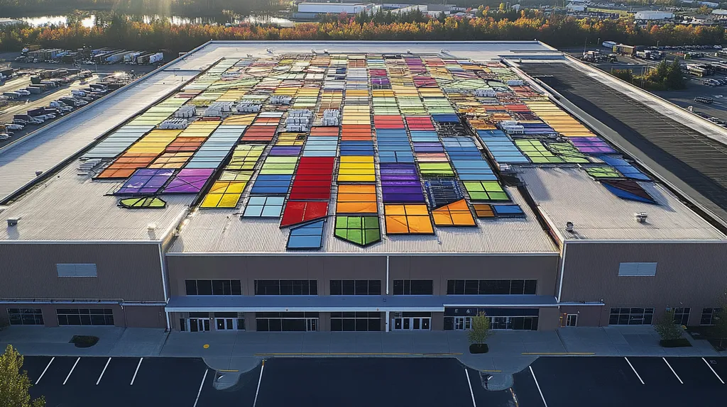 A commercial roof on a distribution center in a location similar to Portland, Maine with a stained glass style aesthetic (AI image)