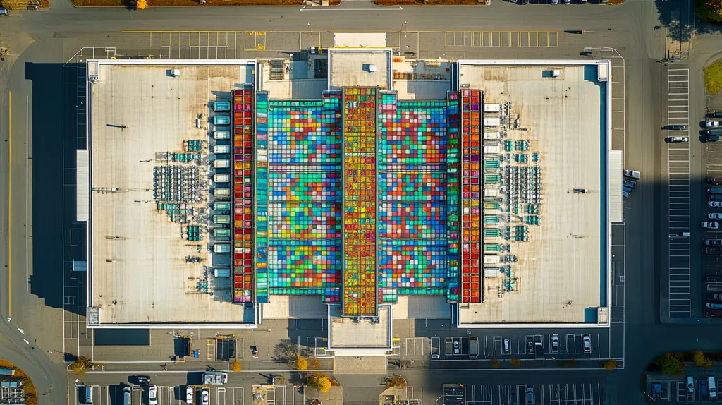 A commercial roof on a distribution center in a location similar to Portland, Maine with a stained glass style aesthetic (AI image)