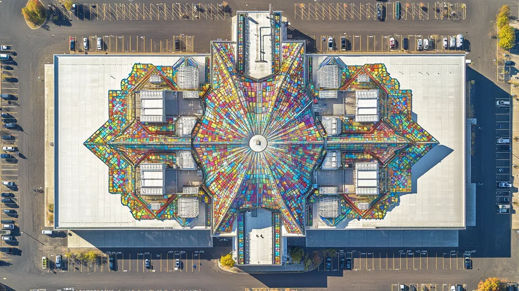 A commercial roof on a distribution center in a location similar to Portland, Maine with a stained glass style aesthetic (AI image)