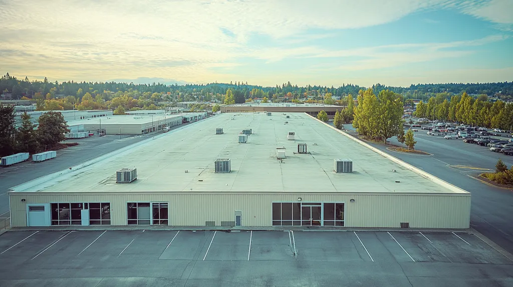 A commercial roof on a distribution center in a location similar to Portland with a Polaroid aesthetic (AI image)