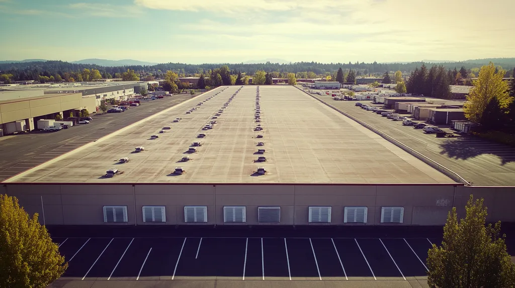 A commercial roof on a distribution center in a location similar to Portland with a Polaroid aesthetic (AI image)