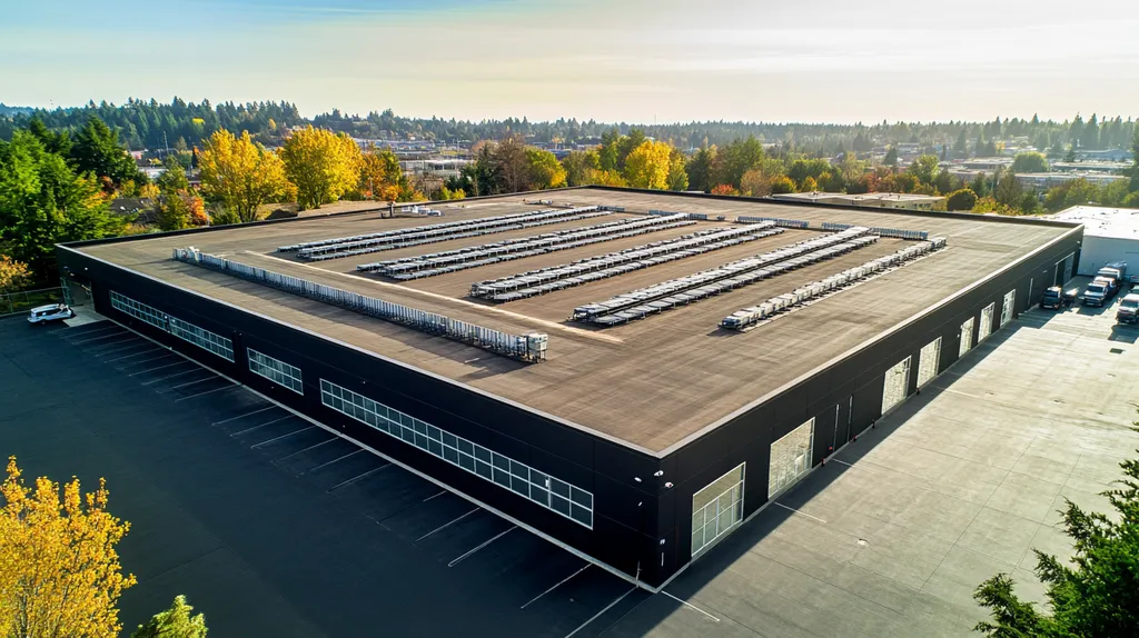A commercial roof on a distribution center in a location similar to Portland with a color highlight aesthetic (AI image)