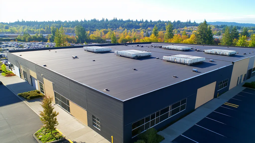 A commercial roof on a distribution center in a location similar to Portland with a color highlight aesthetic (AI image)