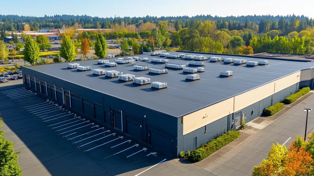A commercial roof on a distribution center in a location similar to Portland with a color highlight aesthetic (AI image)