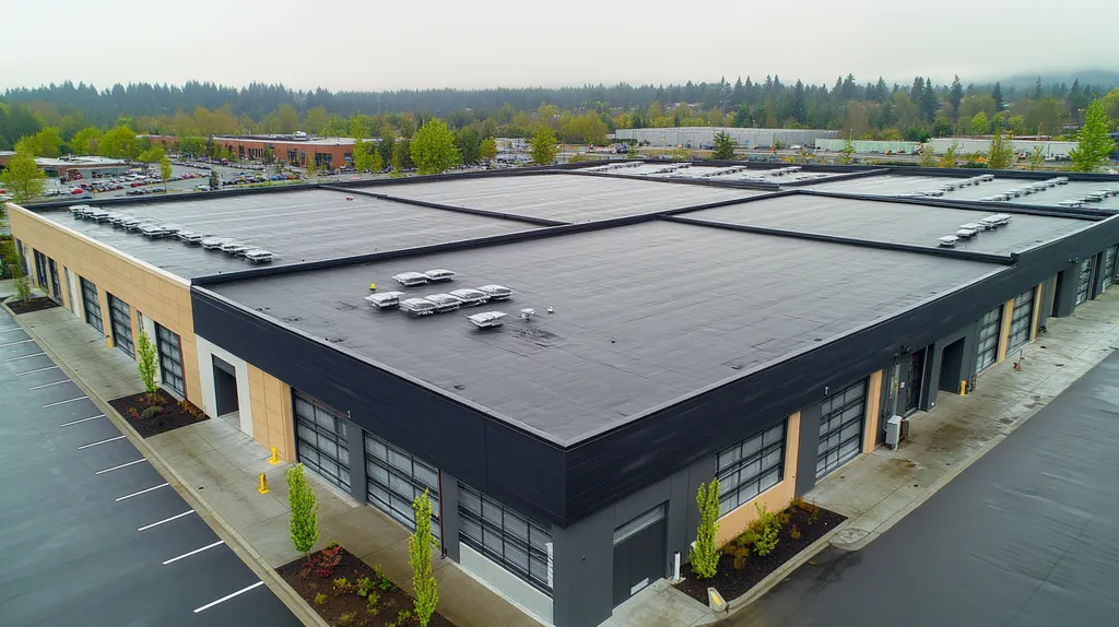 A commercial roof on a distribution center in a location similar to Portland with a rainy day aesthetic (AI image)