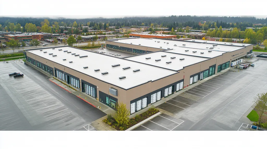 A commercial roof on a distribution center in a location similar to Portland with a rainy day aesthetic (AI image)