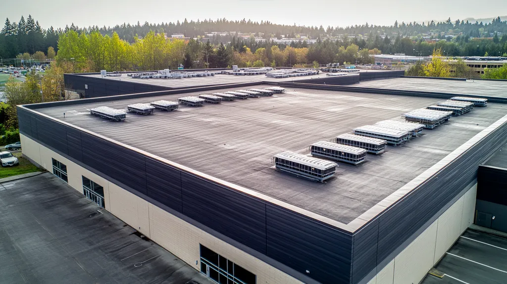 A commercial roof on a distribution center in a location similar to Portland with a rainy day aesthetic (AI image)