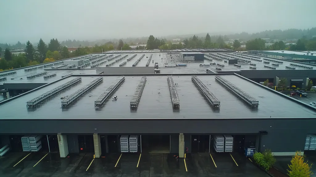 A commercial roof on a distribution center in a location similar to Portland with a rainy day aesthetic (AI image)