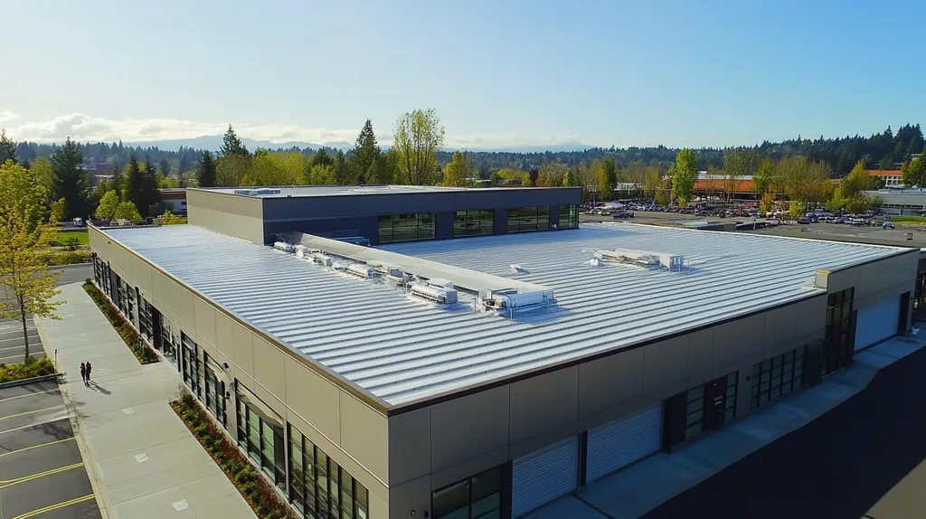 A commercial roof on a distribution center in a location similar to Portland with a stainless steel aesthetic (AI image)