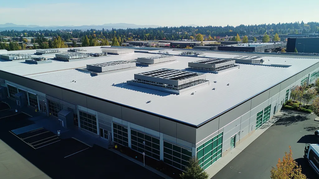 A commercial roof on a distribution center in a location similar to Portland with a stainless steel aesthetic (AI image)