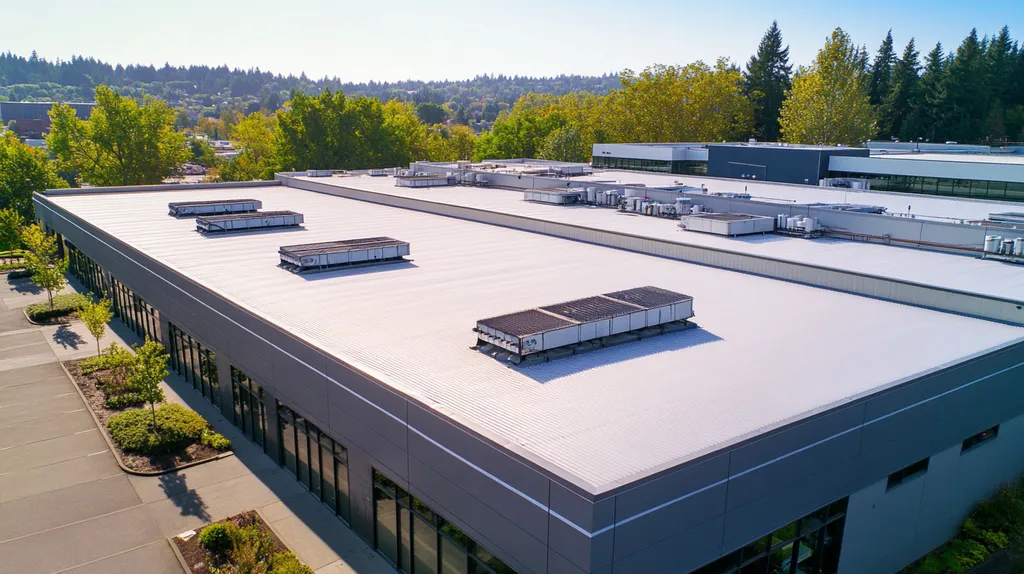 A commercial roof on a distribution center in a location similar to Portland with a stainless steel aesthetic (AI image)