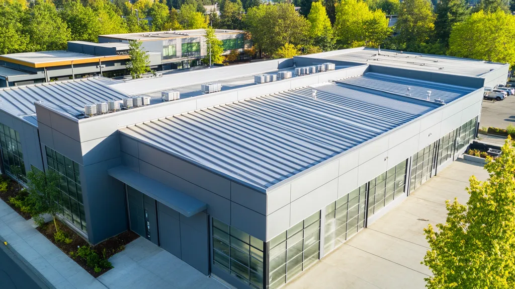 A commercial roof on a distribution center in a location similar to Portland with a stainless steel aesthetic (AI image)