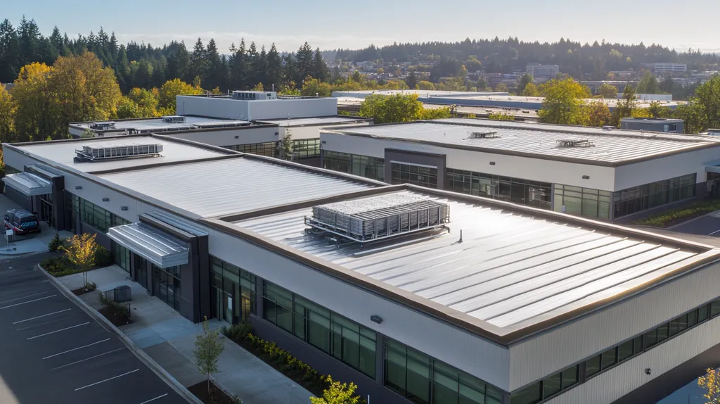A commercial roof on a distribution center in a location similar to Portland with a stainless steel aesthetic (AI image)