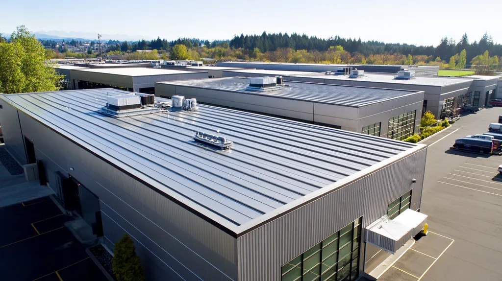 A commercial roof on a distribution center in a location similar to Portland with a stainless steel aesthetic (AI image)