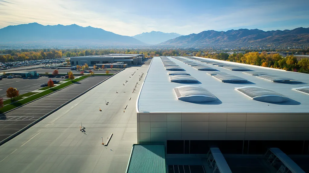 A commercial roof on a distribution center in a location similar to Salt Lake City with a futuristic aesthetic (AI image)