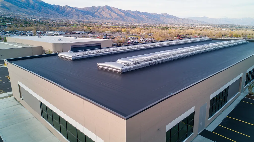 A commercial roof on a distribution center in a location similar to Salt Lake City with a futuristic aesthetic (AI image)