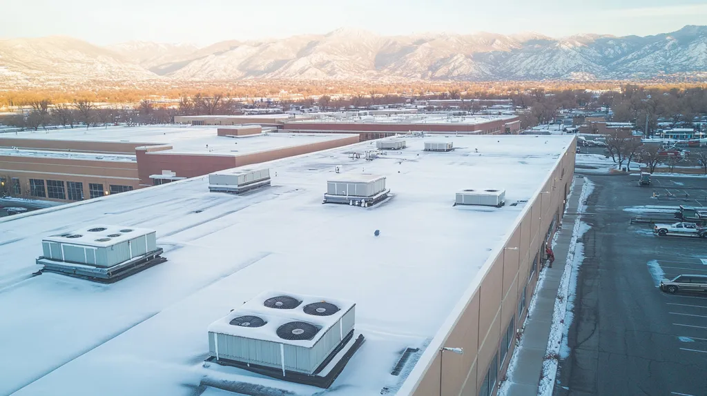 A commercial roof on a distribution center in a location similar to Salt Lake City with a snowy day aesthetic (AI image)