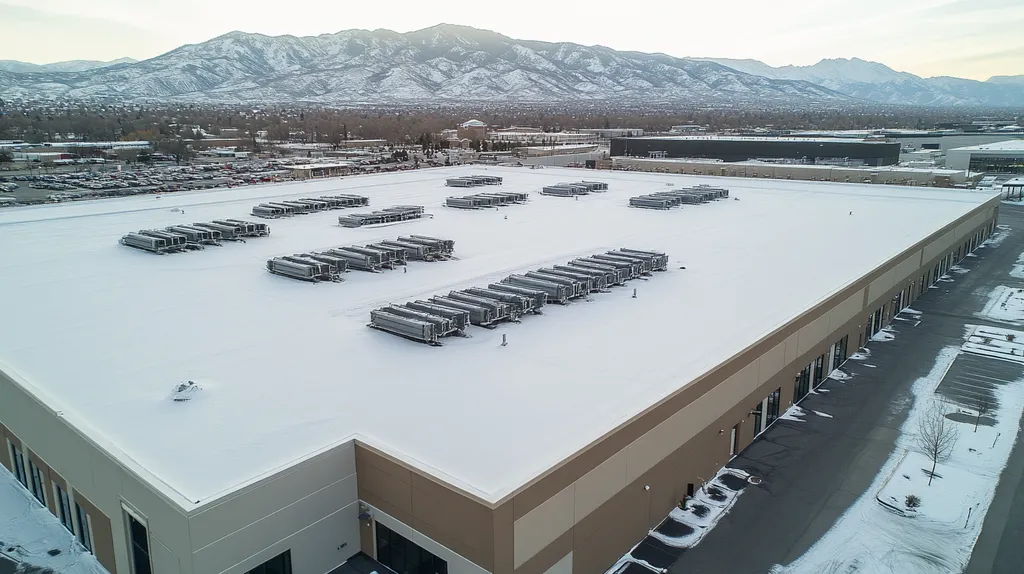 A commercial roof on a distribution center in a location similar to Salt Lake City with a snowy day aesthetic (AI image)